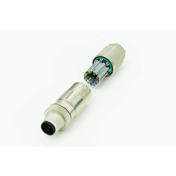 Anschlussstecker M12 8P Stecker A-kodiert, weißaluminium ähnlich RAL 9006